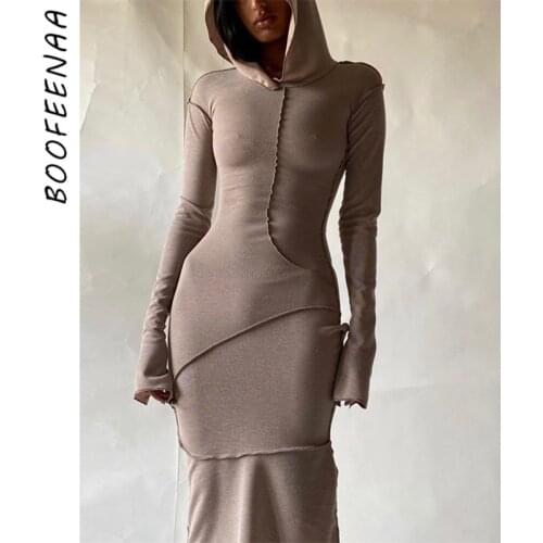 BOOFEENAA Sexy Contrast Stitch Hooded Long Sleeve T-shirt Dresses for Women Casual Fashion Khaki Bodycon Maxi Dress C15-CZ32