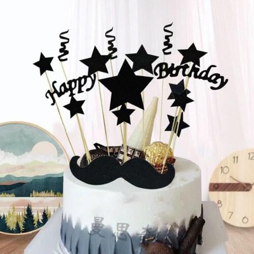 1set DIY Black Gold Happy Birthday Star Cake Ice-cream Cupcake Toppers Picks Mom Dad Boy Girl Kids Birthday Party Dessert Decor