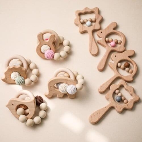 2 PCS Baby Wooden Rattle Food Grade Beads Teether Animal Soother Bracelet Rabbit Rattle Teether Music Baby Product