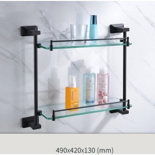 Newest Matte Black brass and glass Bathroom Hardware Accessory Double-deck glass shelf
