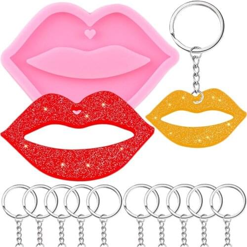 Shiny Glossy Lips Keychains Silicone Mold With 10 Pcs Key Rings Mouth Pendant Epoxy Resin Mould 3D Craft Necklace Jewelry Molds