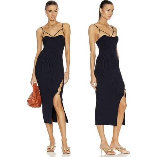 Designer Sexy Gold Metal Hoop Ring Rib Knit Slip Maxi Dress Sleeveless Leg-Slit Bodysuit Bodycon Sheath Date Nightout Strap Gown