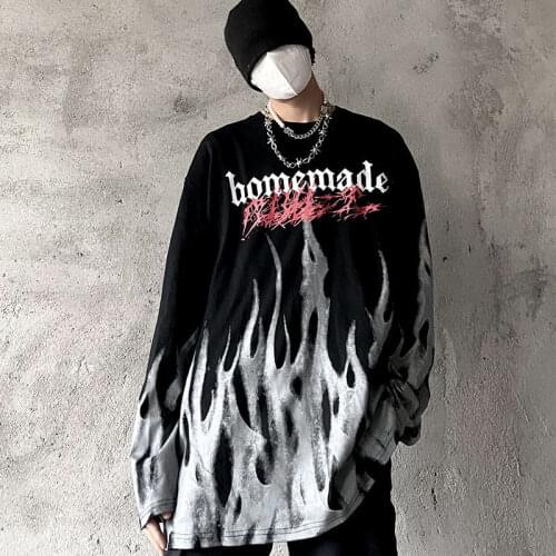 Tie-dyed flame long-sleeved T-shirt mens autumn new loose hip-hop high street Harajuku top