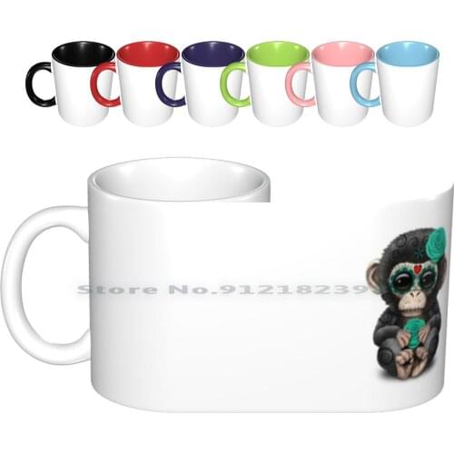 Teal Blue Day Of The Dead Sugar Skull Baby Chimp Ceramic Mugs Coffee Cups Milk Tea Mug Day Of The Dead Sugar Skull Day Of The