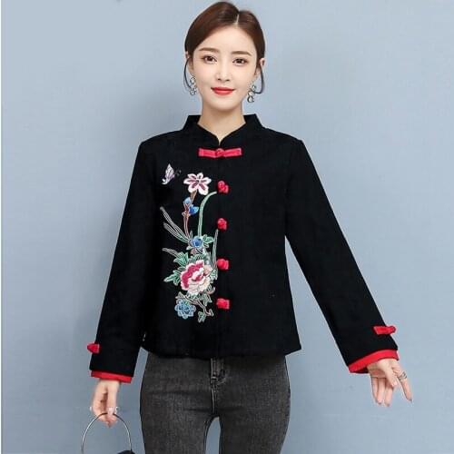 Chinese Buckle Embroidery Improved Short Cheongsam Tops Chinese Floral Shirt Tang Suit 2020 Spring Ancient Quality Clothes 11667