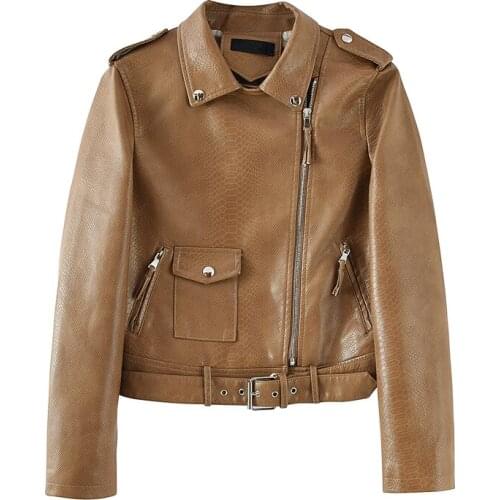 Fashion Short Slim Snake Print Faux PU Leather Jacket Korean Brown Long sleeve Motorcycle Biker Jacket Autumn 2021 Women Outwear