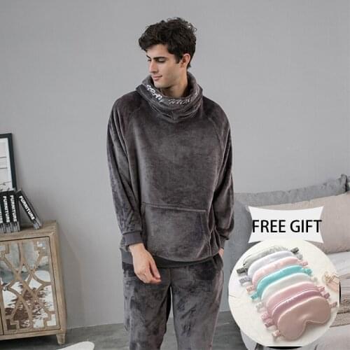 Men Winter Thick Pajamas Set Male Long Sleeve Sleepwear Pyjamas Coral Velvet Hooded Pijamas Sweatshirt Casual Homewear Sale