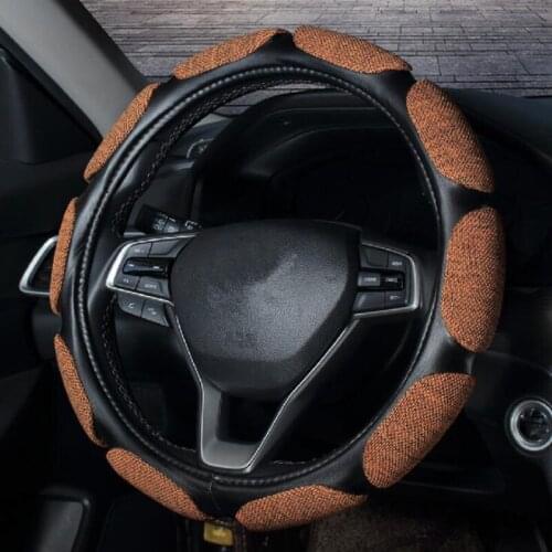 Anti Slip Auto Decoration flax + Leather Steering Covers Universal Car Steering Wheel Cover 37-38cm Diameter