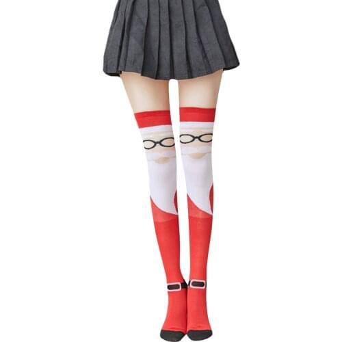 New Women Girls Christmas Knee High Santa Claus Printing Stockings Red White Blue Yellow