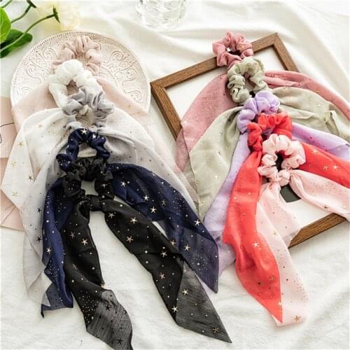 Print Star Chiffon Elastic Hair Band Ponytail Holder Gum for Women Long Ribbon Scarf Scrunchies Ties Headwear Hair Accessories