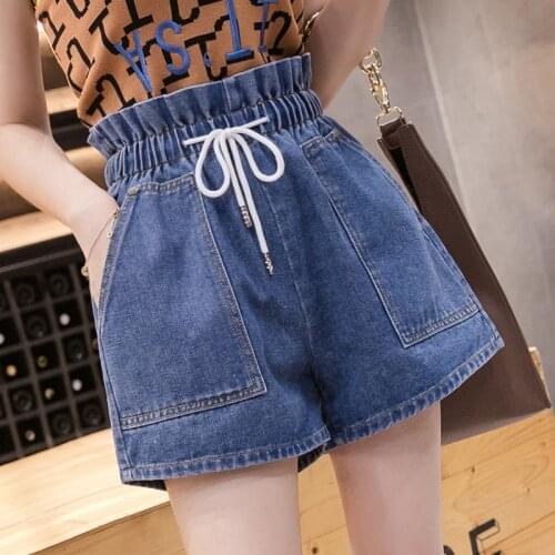 Plus Size 5XL Women Denim Shorts Summer Elastic High Waist Ruffle Loose Big Pocket Drawstring Wide Leg Shorts Large Size Jeans