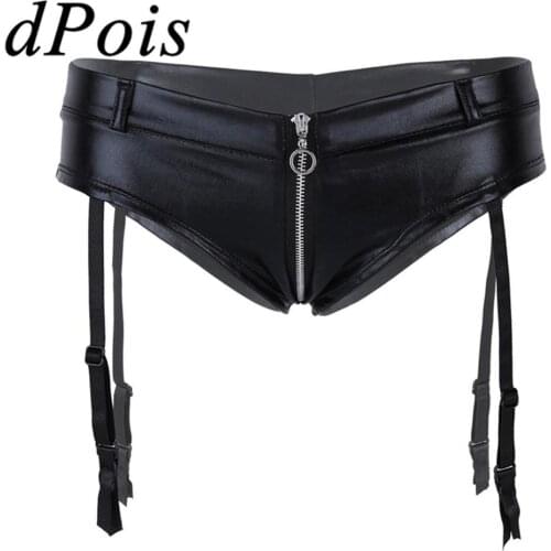 Sexy Ladies Women Lingerie Faux Leather Zipper Open Crotch Low Rise Briefs Underwear with Garters Woman Panties for Nightclub