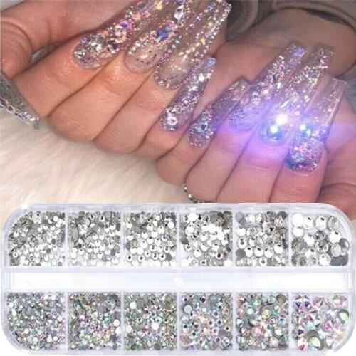 12 boxes/set of crystal rhinestones 3D glitter jewelry glass diamond gems rectangular frame nail art decoration nail accesoires