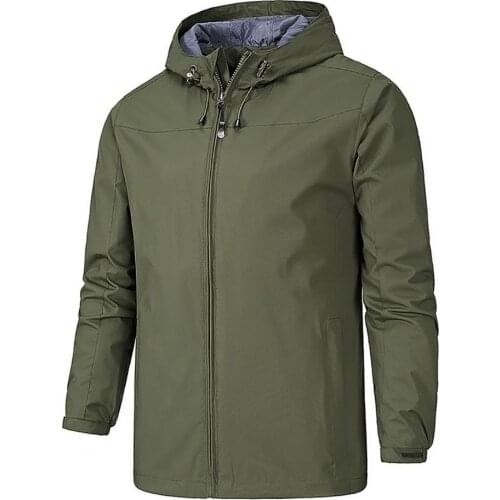 Windbreaker Hooded Men Jacket Zipper Closure Polyester Cardigan Coat 2021 Autumn Winter Long Sleeve Solid Color Overcoat Top