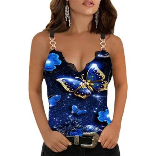 Ladies New Summer and Autumn V-neck Lace Butterfly Print Sling Tops Graphic T Shirts Harajuku Woman Tshirts All Neonstoreclothes