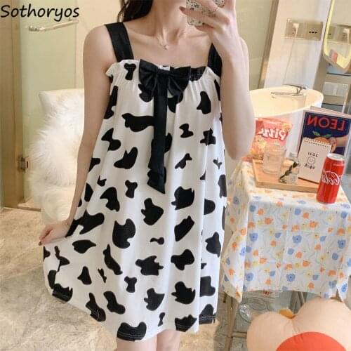 Women Spaghetti Strap Sleepshirts Printed Bow Loose Cute Students Nightgowns High Quality Hipster Korean Style Cozy Lovely Girls