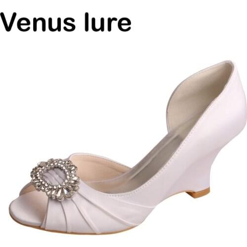 Custom Ladies Wedge Shoes for Wedding White Satin Peep Toe Bridal Pumps