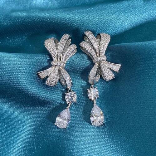 Luxury 100% 925 Sterling Silver BowKnot Engagement Drop Earrings For Women Pass Diamond Elegant Test Party Fine Jewelry Gift