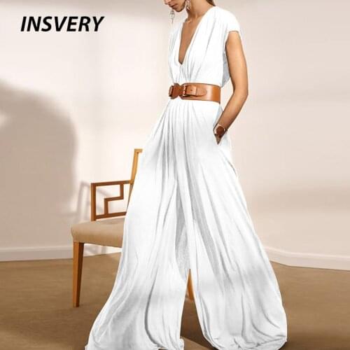 2021 Summer Women Elegant Soft Wide Leg Rompers Sexy V-Neck Sleeveless Party Playsuits Fashion Lady Casual Pocket Loose Jumpsuit