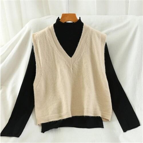 Autumn Winter Korean Women Knitted Sweater Sleeveless Women Solid Color Loose Vest Ladies V-Neck Pullover Tops Waistcoat