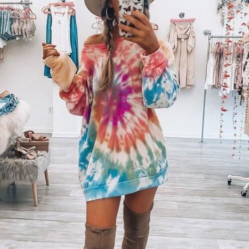 Women Rainbow Tie Dye Print Mini Dress Autumn O-Neck Long Sleeve Sweatshirt Dress Casual Female Loose Straight Streetwear Dress