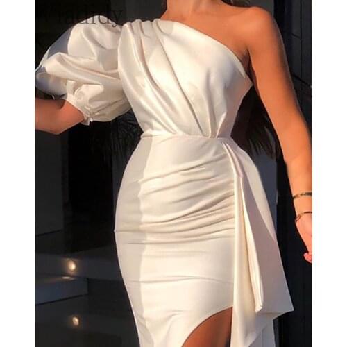 Women One Shoulder Puff Sleeve Ruched Design High Slit Party Dress