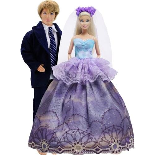2 Sets = 1x Handmade Wedding Party Dress Gown Skirt With Veil + 1x Formal Suit Clothes for Barbie Ken Doll Accessories DIY Toys