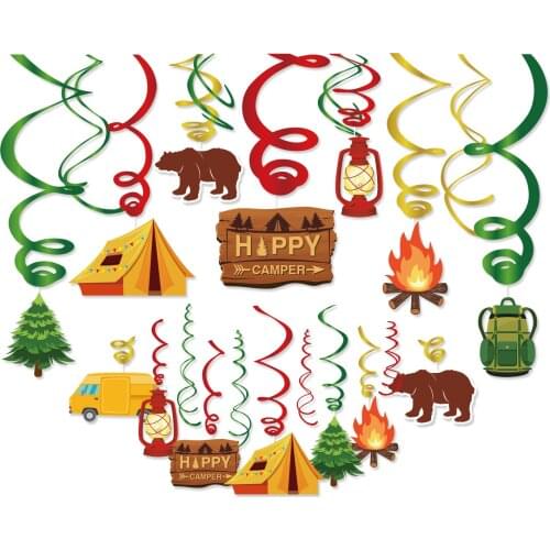 30pcs PVC Outdoor Camping Birthday Party Ceiling Hanging Swirls Happy Camper Baby Shower Party Supplies Decorations Spirals