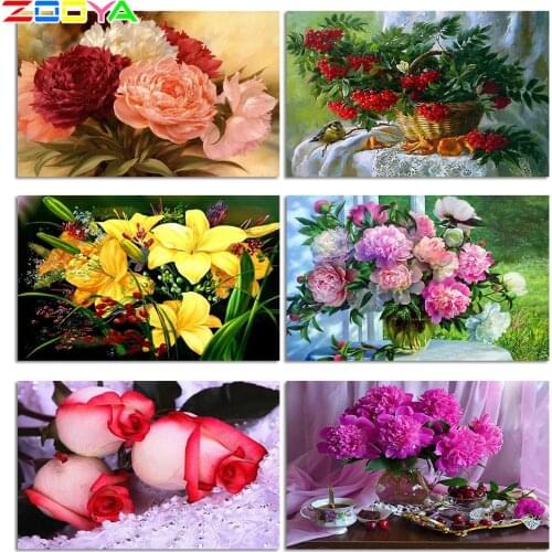 DIY 5D Diamond Embroidery Cross Stitch Beautiful Peony Flower Round Full Diamond Mosaic Picture Pasted Needlework Decor CJ137