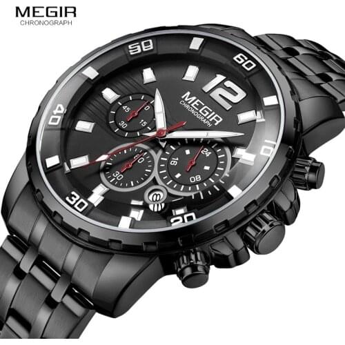 MEGIR Mens Dress Quartz Watches Analogue Quartz Wrist Watch for Man Stainless Steel Strap Luminous Hands Waterproof 2068G-BK-1