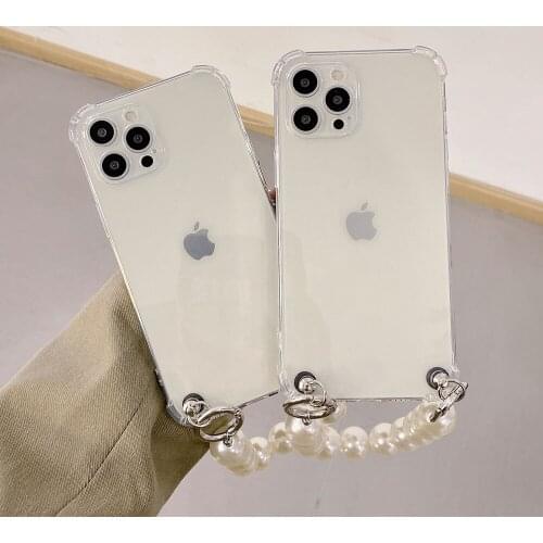 Wrist Chain Case For iPhone 12 11 Pro Max XR X XS Max 7 8 Plus SE Shockproof Clear Cases Pearl Chain Hanging Case for iPhone 11