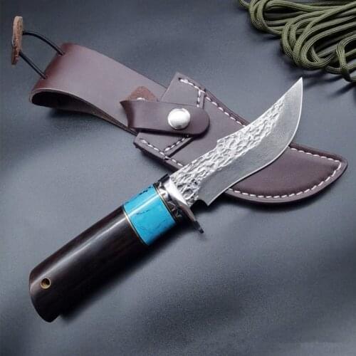 Damascus sandalwood outdoor straight sword close-range defense tactics straight knife Russian hunting knife + leather cover
