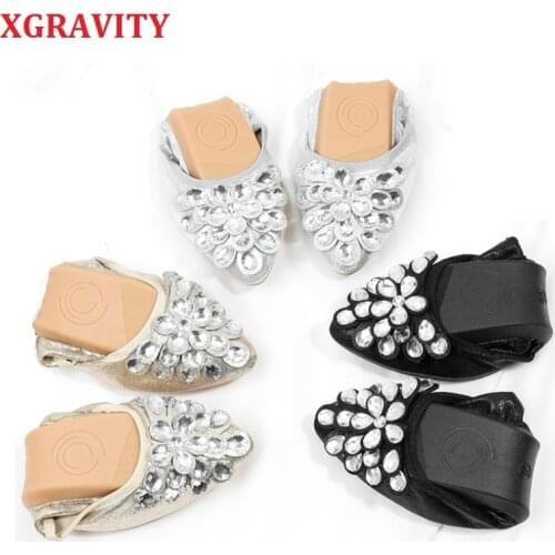 XGRAVITY Hot Crystal Flats Ballet Floral Flat Shoes Rhinestone Women Designed Girl Flower Pointed Toe Golden Shoes Loafers C288