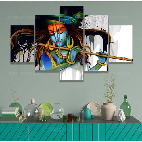 Hindu Wall Decor Lord Krishna Pictures Paintings Indian Wall Art 5 PcsMulti Panel Canvas Deity Hinduism Artwork Home Decor for L
