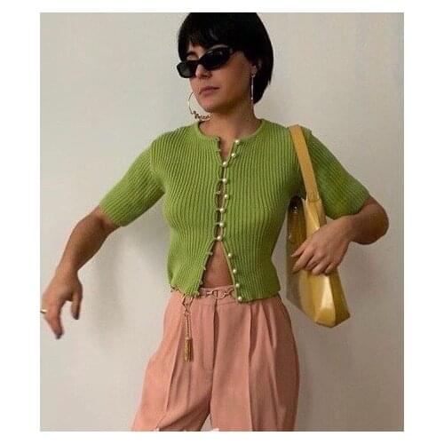 Simplicity Creamy/Avocado Pearl Button Short Cardigan Classy Bead Embellished Knitwear Retro Apple Green Cotton Viscose Sweater