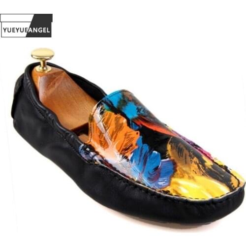 Summer Mens Graffiti Printed Slip On Loafers Cowhide Real Leather Moccasin Gommino Driving Shoe Casual Breathable Party Shoes