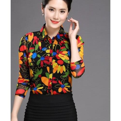Fashion Office Lady Womens Painted Floral Pattern Full Sleeve Mesh Blouse , 4XL Casual Female Woman Stretch Slim Blouses Shirts