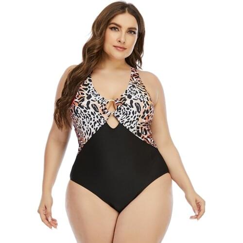 2021 New Plus Size One Piece Swimsuit Women Leopard Bathing Suit Patchwork Sexy Monokini 1piece Large Swimwear Female Beachwear