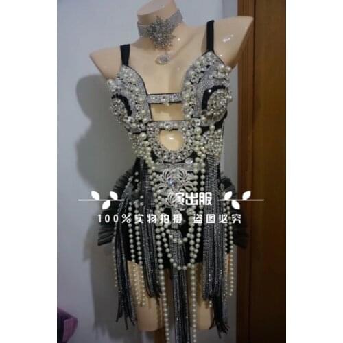 New nightclub DJDS bar stage dance gogo costume Black pearls jumpsuit sexy singer bikini