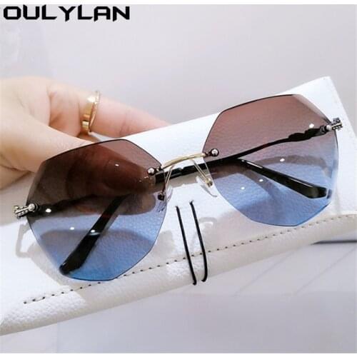 Oulylan Women Cat Eye Rimless Sunglasses Luxury Brand Designer Metal Gradient Sun Glasses Ladies Trimming Eyewear Tea Blue UV400