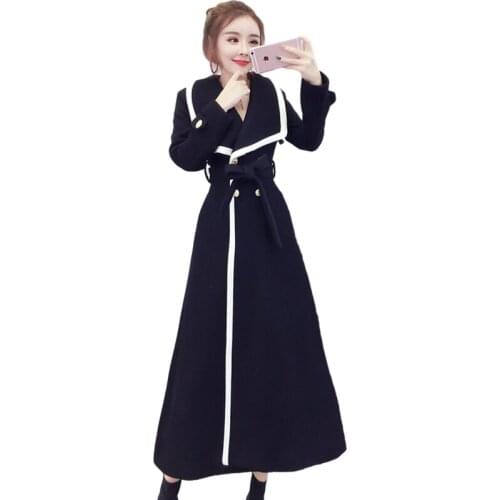 Spring Autumn Women Wool Coat Fashion Double breasted Woolen Long Trench Coat Female Long Sleeves With Belt Manteau Femme Hiver