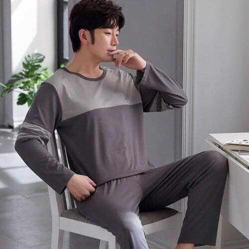 Mens Pajamas Set Autumn Winter Cotton Long Sleeve Trousers Set Korean Version of Loose Leisure Home Service Men Sleepwear Set