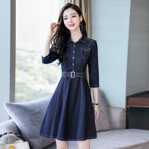 Vintage Denim Dress Women Spring Autumn Fashion Belt Tunic Denim Dress Ladies Buttons Pocket Work Knee-Length Dress Midi