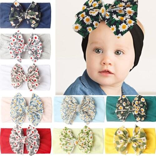 Sweet Floral Big Bowknot Baby Headband Cute Daisy Print Newborn Girl Boy Hair Band Princess Soft Elastic Infant Toddler Headwear