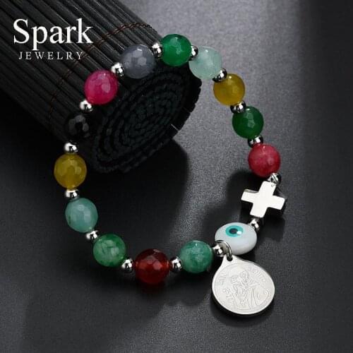 Religious San Benito Cross Strand Bracelets For Women Evil Eyes Stones Elastic Pendant Bracelets Adjustable Belief Beads Bangle