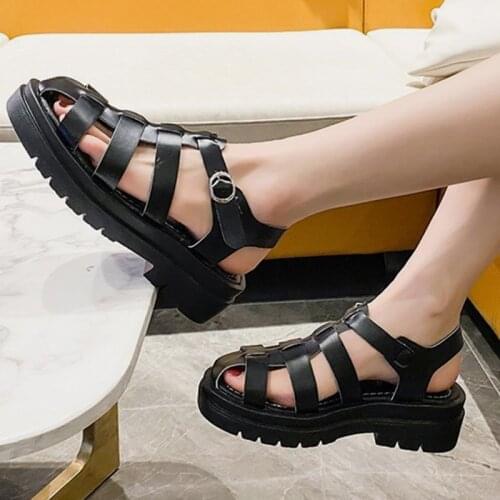 Womens Sandals 2021 Summer Flat Platform Sandal Thick Bottom PU Leather Fashion Female Footwear Buckle Strap Ladies Shoes
