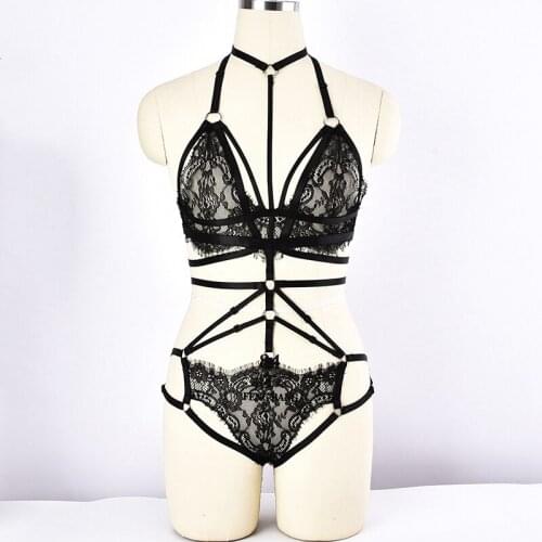 Sexy Black Lace Bra Mesh Body Harness Goth Lingerie Pole Dance Rave Connection Lace Pantie G-string Bandage Harness Belt