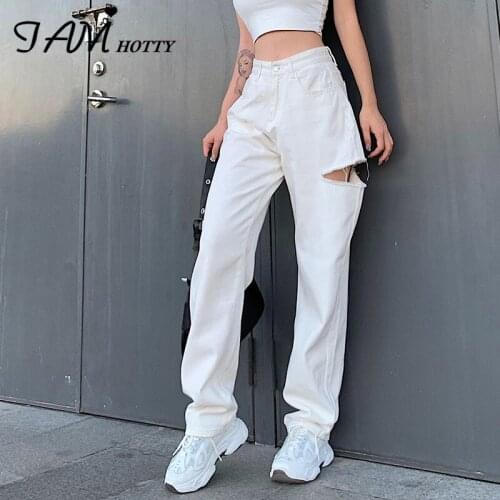 IAMHOTTY Ripped Hollow Out Womens pants Straight High Waist Baggy Jeans Joggers Sweatpants Cotton Casual Leggings Capris 2020