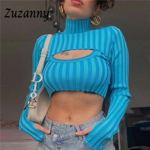 Zuzanny Turtleneck Knitted Sweaters Women 2 Pieces Set Y2K Long Sleeve Tops Autumn Pullover Jumpers Cut Out Sexy Cropped Sweater
