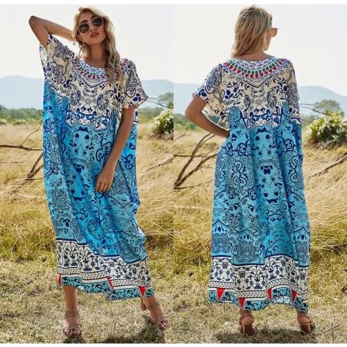 Women Bohemian Oversized Tunic Dress Floral Leaves Printed Maxi Long Kaftan Crew Neck Batwing Short Sleeve Kimono Gown Beach Dre